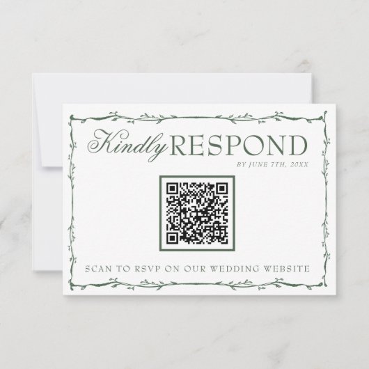 Fancy Emerald Green Branches Boho QR Code Wedding 出欠カード (正面)