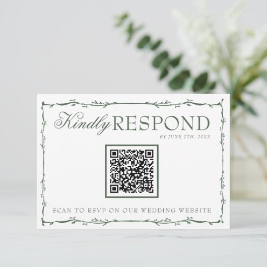 Fancy Emerald Green Branches Boho QR Code Wedding 出欠カード (スタンド正面)