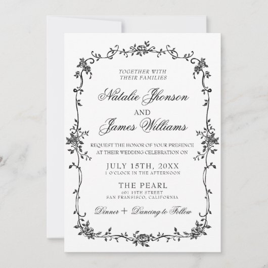 Fancy Floral Black White Botanical QR Code Wedding 招待状 (正面)