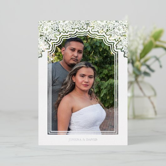 Fancy Frame Photo Wedding Flowers & Branches 箔招待状 (立ち正面)