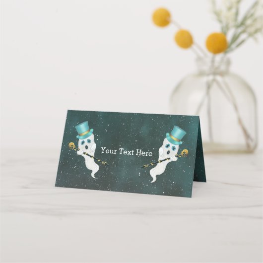 Fancy Ghost Blue Top Hat Skull Cane Night Sky プレイスカード (裏面)