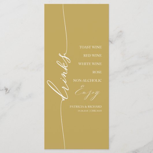 Fancy Gold 4x9 Wedding Drink Menu Card For Plate メニュー (正面)