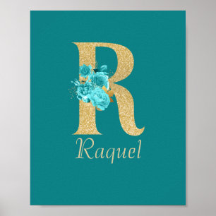 Fancy Gold & Aqua Floral Letter R ポスター