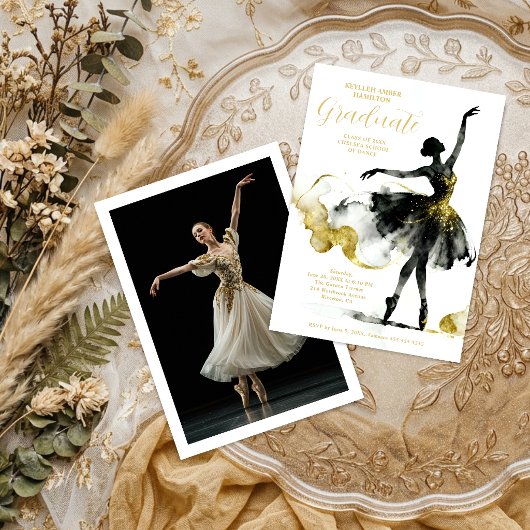 Fancy Gold Black Watercolor Ballet Graduate TMF26 招待状
