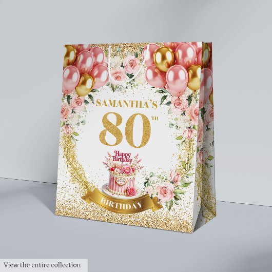 Fancy Gold Number 80th Birthday Blush Floral Gift  ミディアムペーパーバッグ