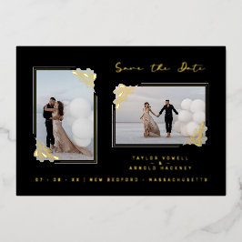 Fancy Golden Minimalist Branches 2 Photos Wedding 箔招待状