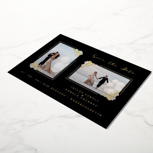 Fancy Golden Minimalist Branches 2 Photos Wedding 箔招待状 (回転した状態)