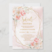 Fancy Light Pink Gold Flowers Sweet 16 Invitation 招待状 (正面)