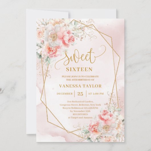 Fancy Light Pink Gold Flowers Sweet 16 Invitation 招待状 (正面)