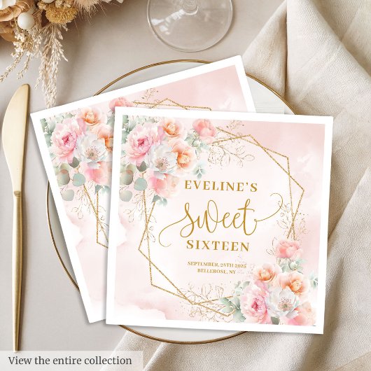 Fancy light pink gold peonies sweet sixteen napkin スタンダードランチョンナプキン