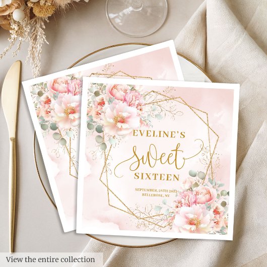 Fancy Light Pink with Gold Flowers Sweet Sixteen  スタンダードランチョンナプキン