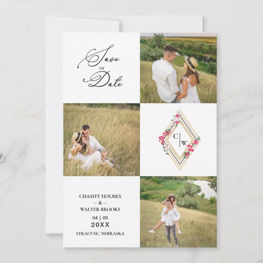 Fancy Modern Collage 3 Photos Wedding Couple セーブザデート (正面)