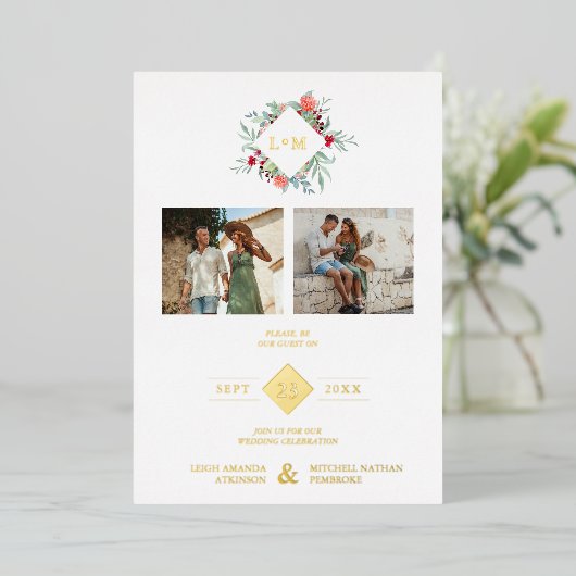 Fancy Modern Initials Botanical Anagram 2 Photos 箔招待状 (立ち正面)