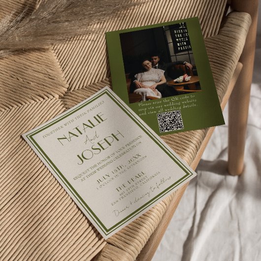 Fancy Old Money Olive Green QR Code Photo Wedding 招待状