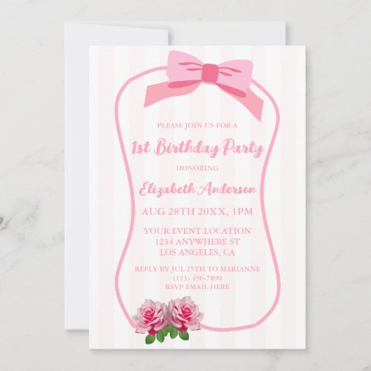 Fancy One Bow Floral 1st Birthday 招待状 (正面)