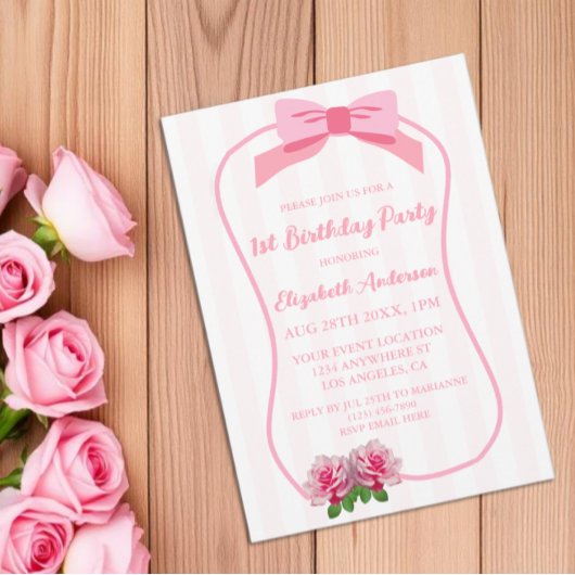 Fancy One Bow Floral 1st Birthday 招待状