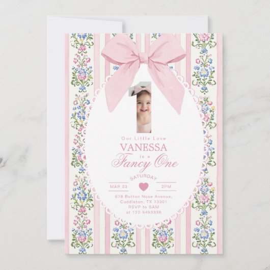 Fancy One Pink Bow Photo Love Shack 1st Birthday 招待状 (正面)