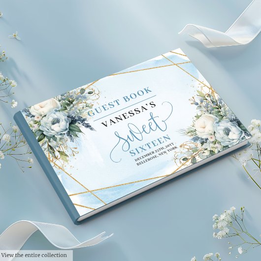 Fancy Pastel Blue White Gold Floral Sweet Sixteen  ゲストブック