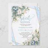 Fancy Pastel Blue White Gold Floral Sweet Sixteen 招待状 (正面)