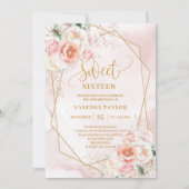 Fancy Pastel Pink Sage Gold Floral Sweet 16 Invite 招待状 (正面)