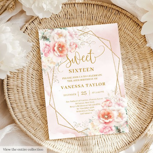 Fancy Pastel Pink Sage Gold Floral Sweet 16 Invite 招待状