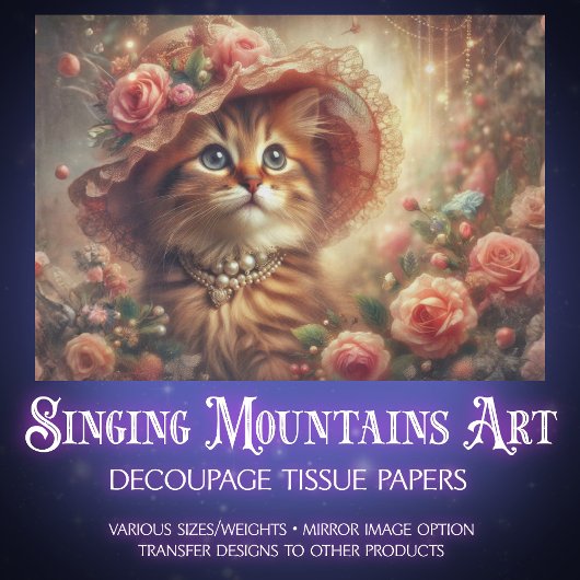Fancy Pink Floral Shabby Chic Cat Decoupage 薄葉紙
