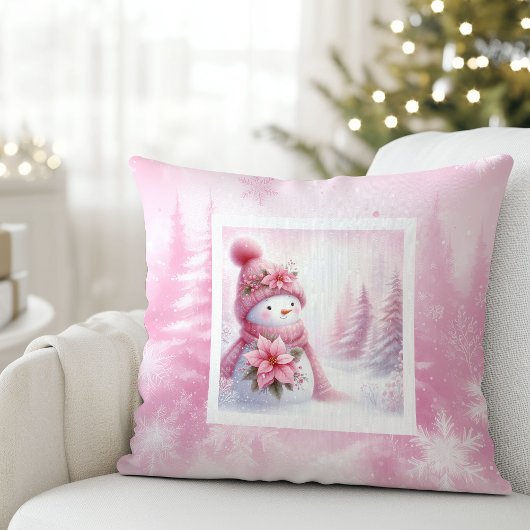 Fancy Pinkmas Snowman Pastel Winter Kids Pillow クッション