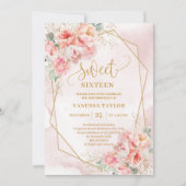 Fancy Powder Pink Gold Flowers Sweet 16 Invitation 招待状 (正面)