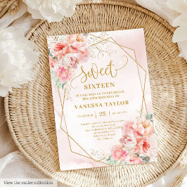 Fancy Powder Pink Gold Flowers Sweet 16 Invitation 招待状