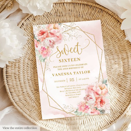 Fancy Powder Pink Gold Flowers Sweet 16 Invitation 招待状