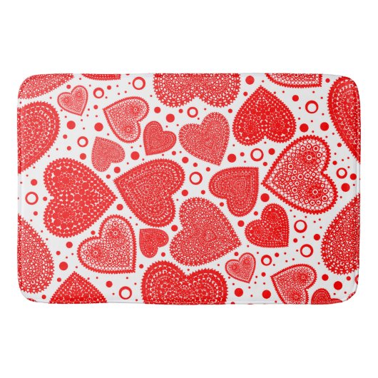 Fancy Red Hearts and Dots Pattern バスマット (正面)
