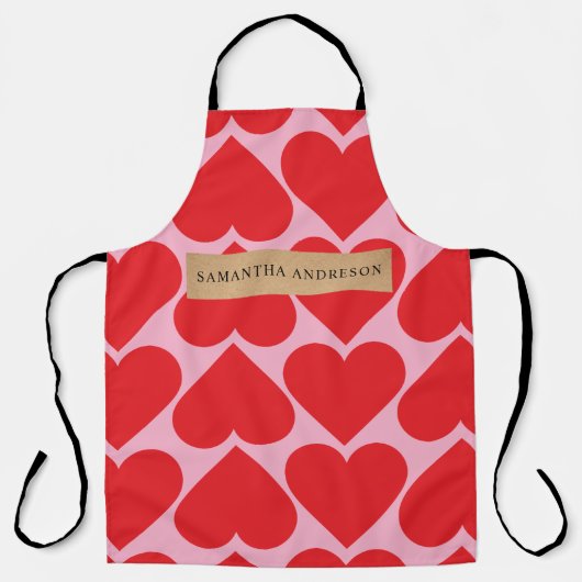 Fancy Romantic Red & Pink Hearts Pattern With Name エプロン (正面)