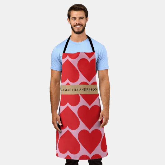 Fancy Romantic Red & Pink Hearts Pattern With Name エプロン (着用した状態)