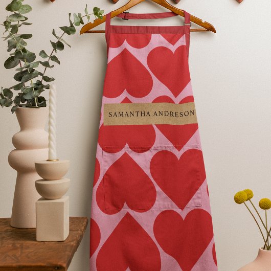 Fancy Romantic Red & Pink Hearts Pattern With Name エプロン