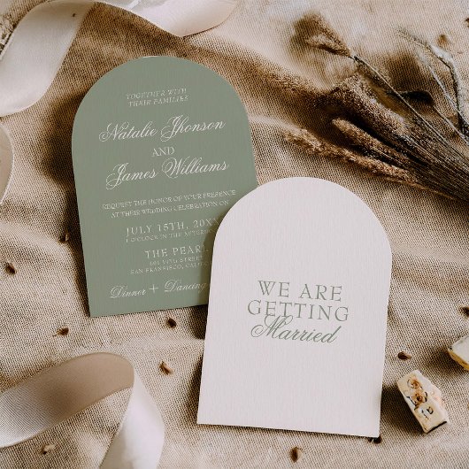 Fancy Sage Green Boho Modern Arched Wedding 招待状