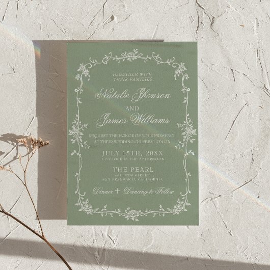Fancy Sage Green Floral Boho Botanical Wedding 招待状