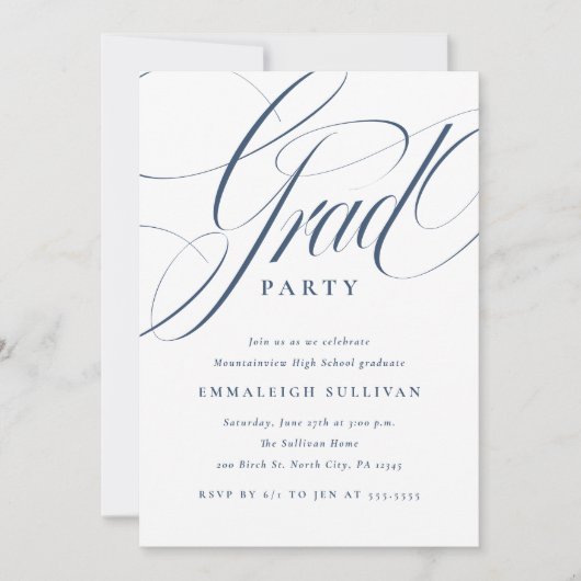 Fancy Script Blue Graduation Party 招待状 (正面)