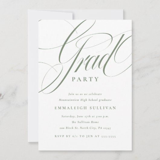Fancy Script Green Graduation Party 招待状 (正面)