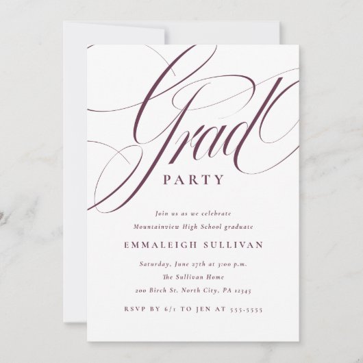 Fancy Script Purple Graduation Party 招待状 (正面)