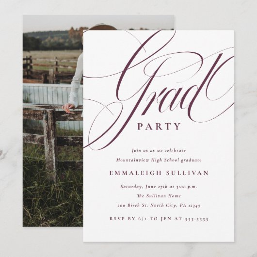 Fancy Script Purple Graduation Party 招待状 (正面/裏面)