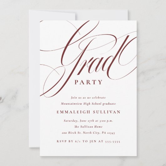 Fancy Script Red Graduation Party 招待状 (正面)