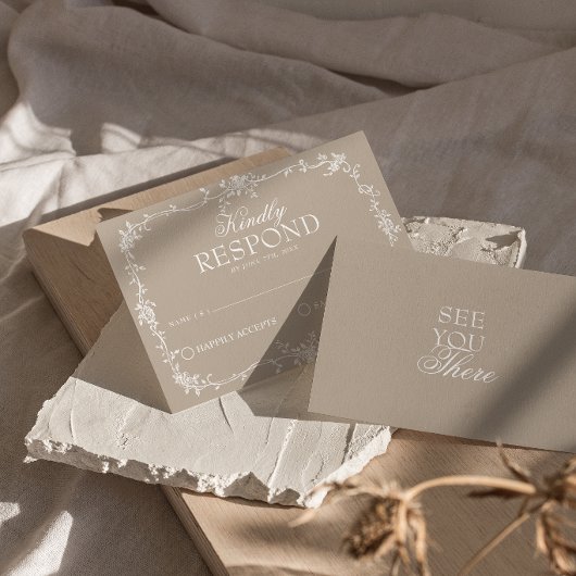 Fancy Soft Taupe Floral Boho Wedding RSVP