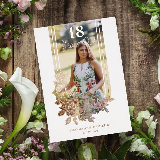 Fancy Trendy Arch Floral Birthday Party Photo 箔招待状