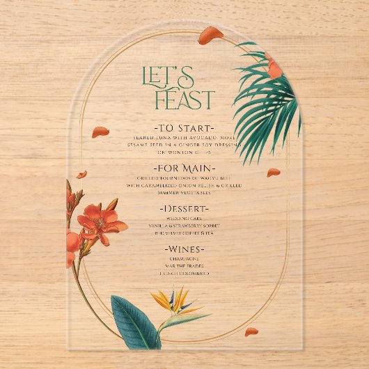 Fancy Tropical Flowers Wedding Menu アクリル招待状 (正面)