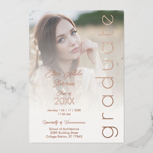 Fancy Vellum Overlay Effect 2 Photos Graduate 箔招待状 (正面)