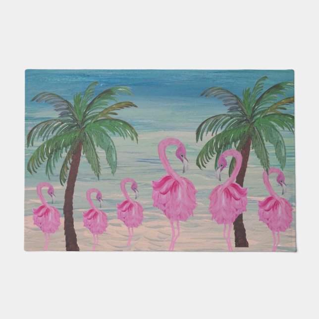 Fancyf flamingos and palm tres tropical ドアマット (正面)