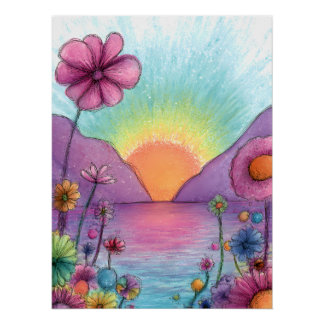 Fantasie Landschaft mit Blumen - Pastell Stil ポスター
