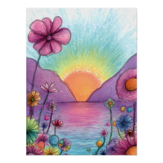 Fantasie Landschaft mit Blumen - Pastell Stil ポスター (正面)