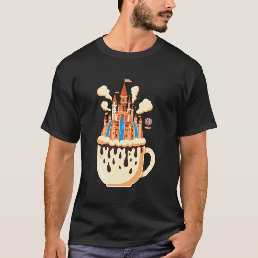 Fantasy Castle Coffee Cup Waterfalls Hot Air Ballo Tシャツ (正面)