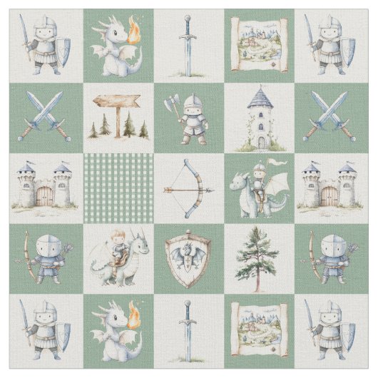 Fantasy castle with dragons and knights baby boy ファブリック (クローズアップ)